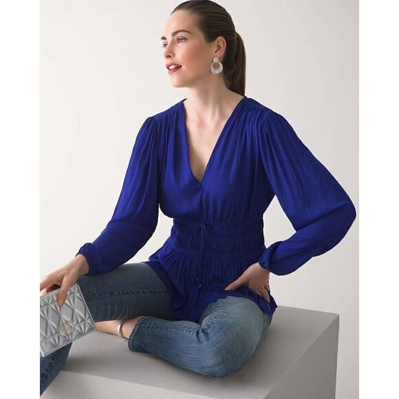 White House Black Market Petite XL Long-Sleeve Fitted Waist Blouse Blue V/neck - Picture 1 of 8